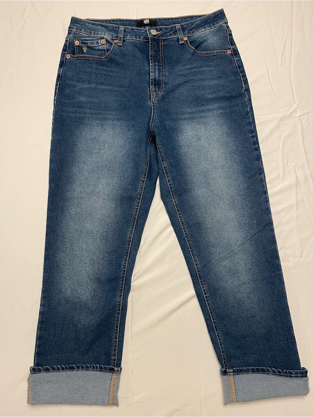 Frye Size 8 Straight-Leg Boyfriend Cuffed Jeans Dark Rinse Thigh and Rear Fade